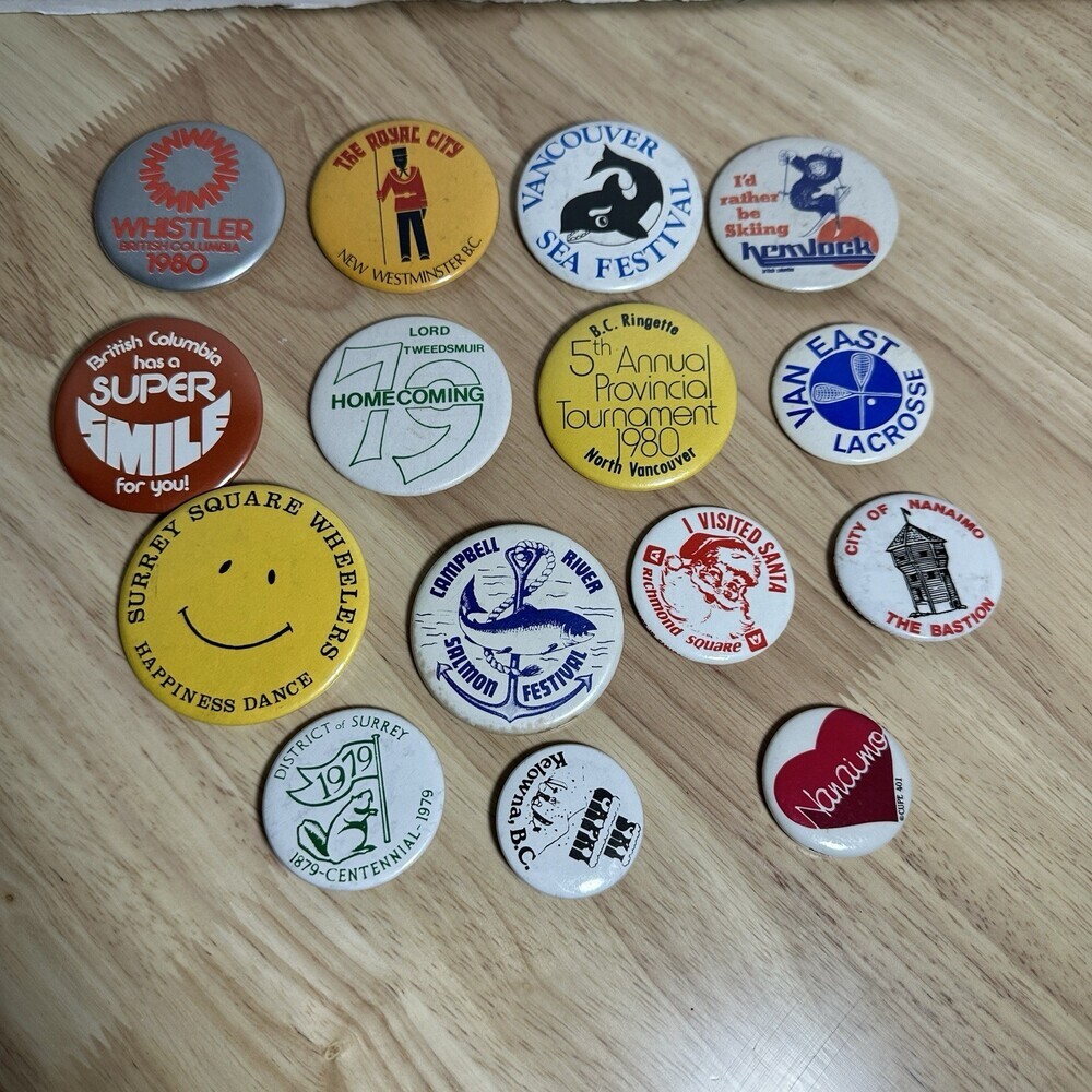 Lot of 15 Vintage Canadian British Columbia Pinback Buttons
